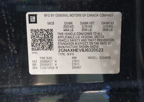 2018 Chevrolet Equinox Ls z USA, uszkodzony, nr VIN 2GNAXHEV8J6320623